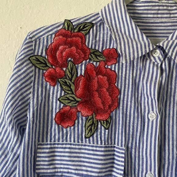 Rails Womens Blouse Size XS Frances Banker Stripe Floral Patch Button Down Shirt - Picture 3 of 11